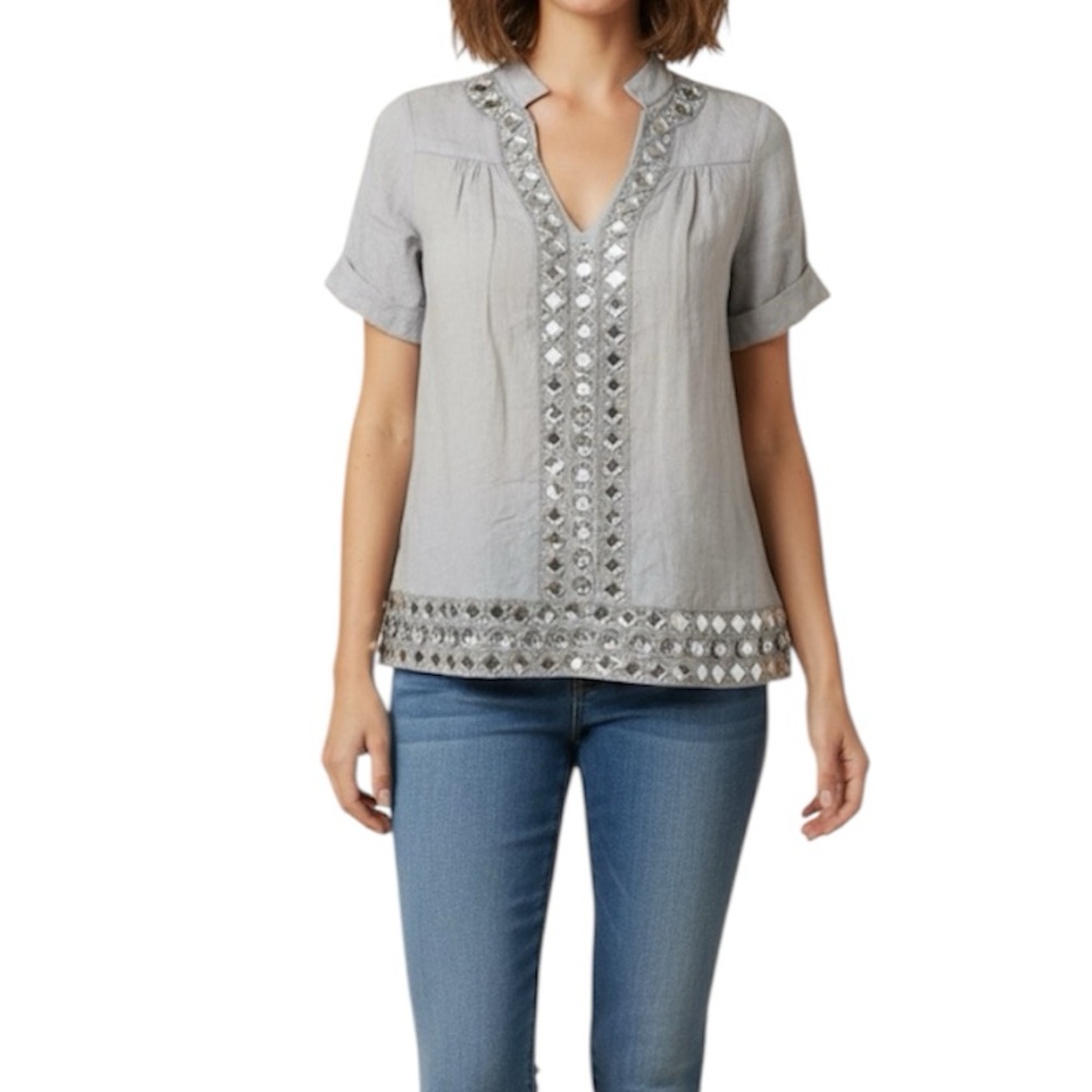 Roberta Freymann Linen Top‎ Embellished Detail Silver